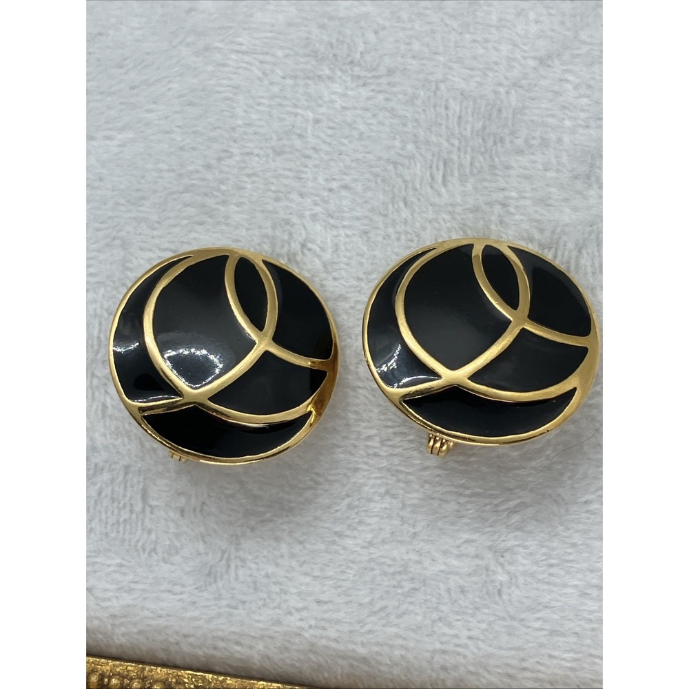 Vtg Monet Enamel Black & Gold Tone Round Clip On Earrings Bold Old Money Estate